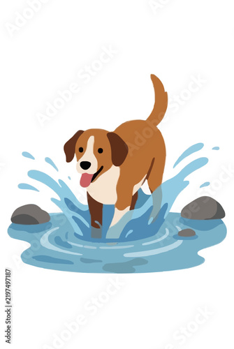Cute beagle dog splashing playfully through a shallow stream with blue water splashes and rocks vector illustration icon - professional high resolution commercial stock detailed commercial stock