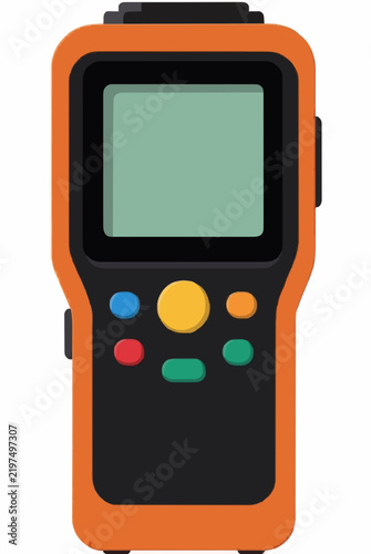 Hand-traced vector icon of an orange and black laser distance meter with colorful buttons, digital display screen, and measurement tool interface on white background - detailed commercial stock