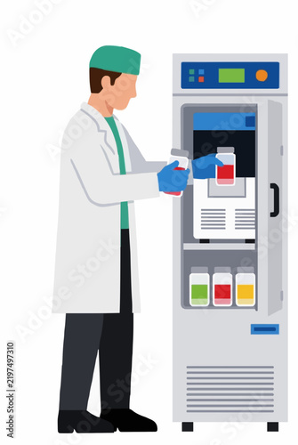 Vibrant Hand-Drawn Flat Vector Icon Illustration of a Lab Technician in White Lab Coat with Green Surgical Cap Freezing Biological Samples in a Laboratory Freezer Storage Unit