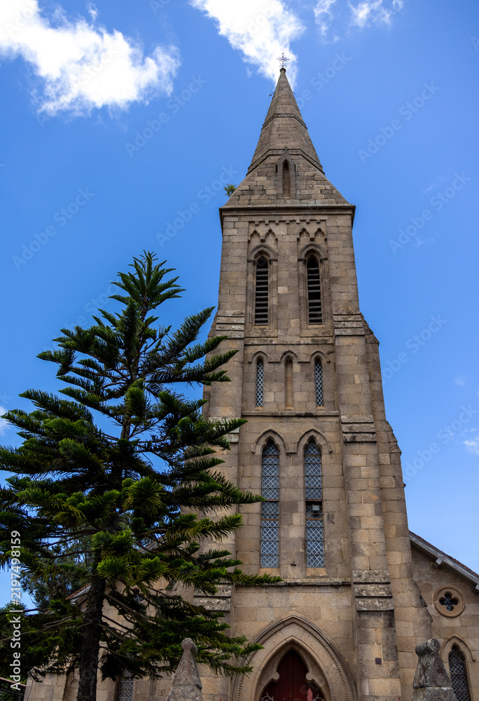 Fototapeta premium Gothic Stone Church Spire at the Protestant Temple of Antananarivo