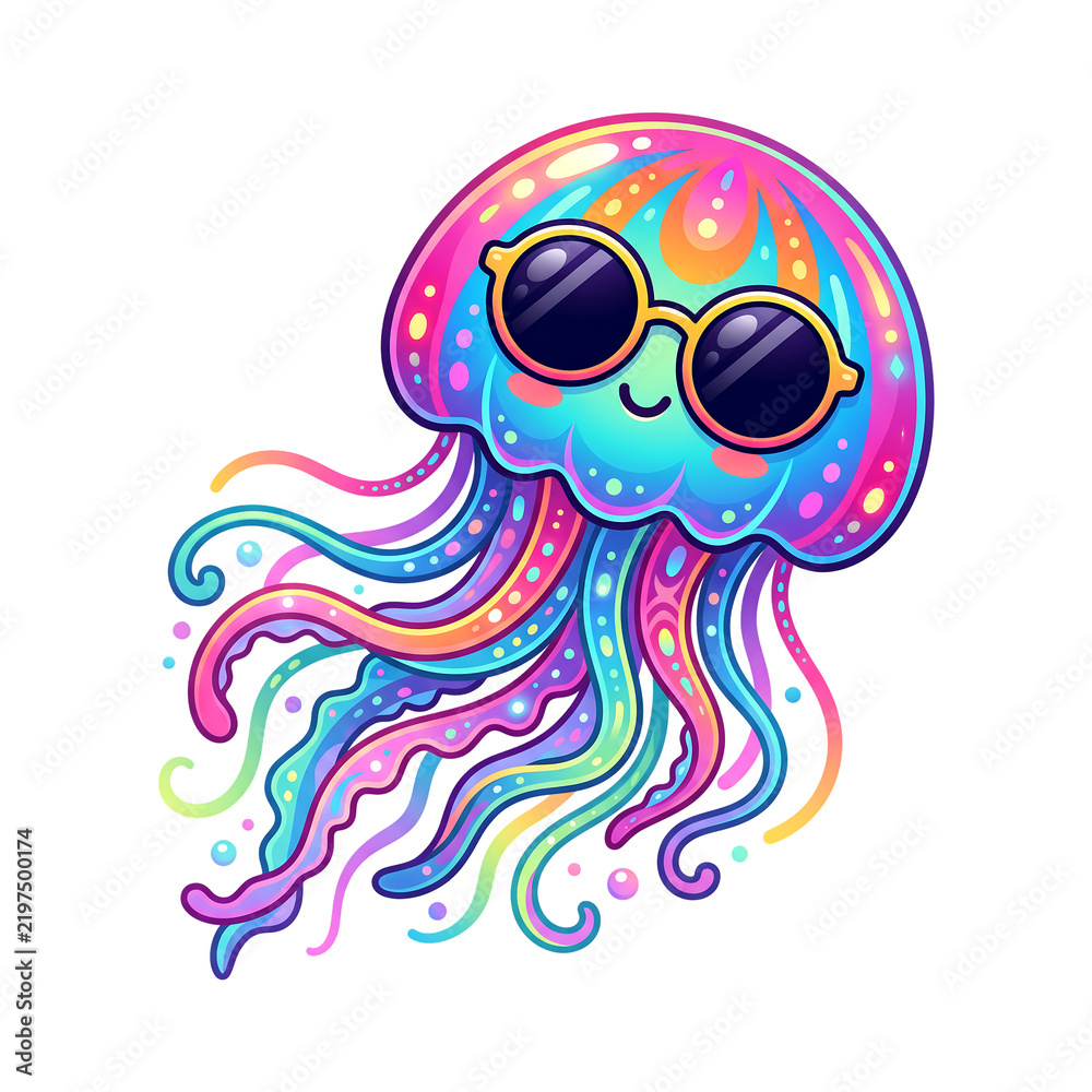 Fototapeta premium Colorful cartoon jellyfish wearing sunglasses isolated on white background