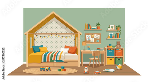 Bild auf Leinwand Cozy Children's Bedroom with House Bed and Play Area