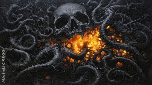 Dark fantasy horror skull with glowing fire and creepy tentacles background