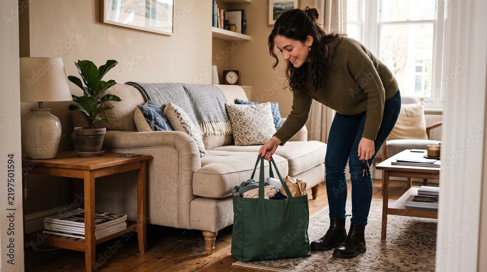 Fototapeta premium Woman packing a reusable shopping bag with clothes and items in a cozy living room