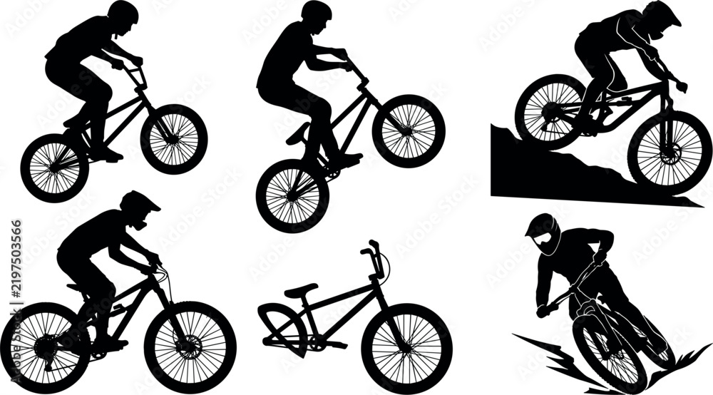 Fototapeta premium Set of silhouettes of cyclists riding mountain bikes and bmx bikes