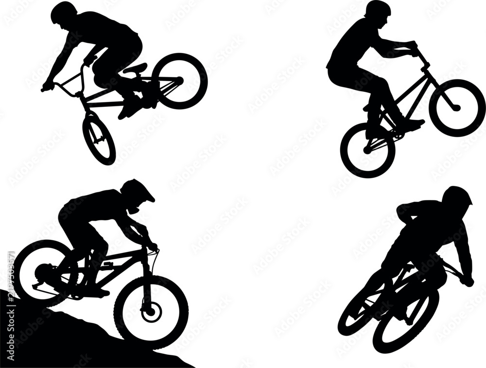 Obraz premium Set of silhouettes of cyclists performing stunts and riding mountain bikes