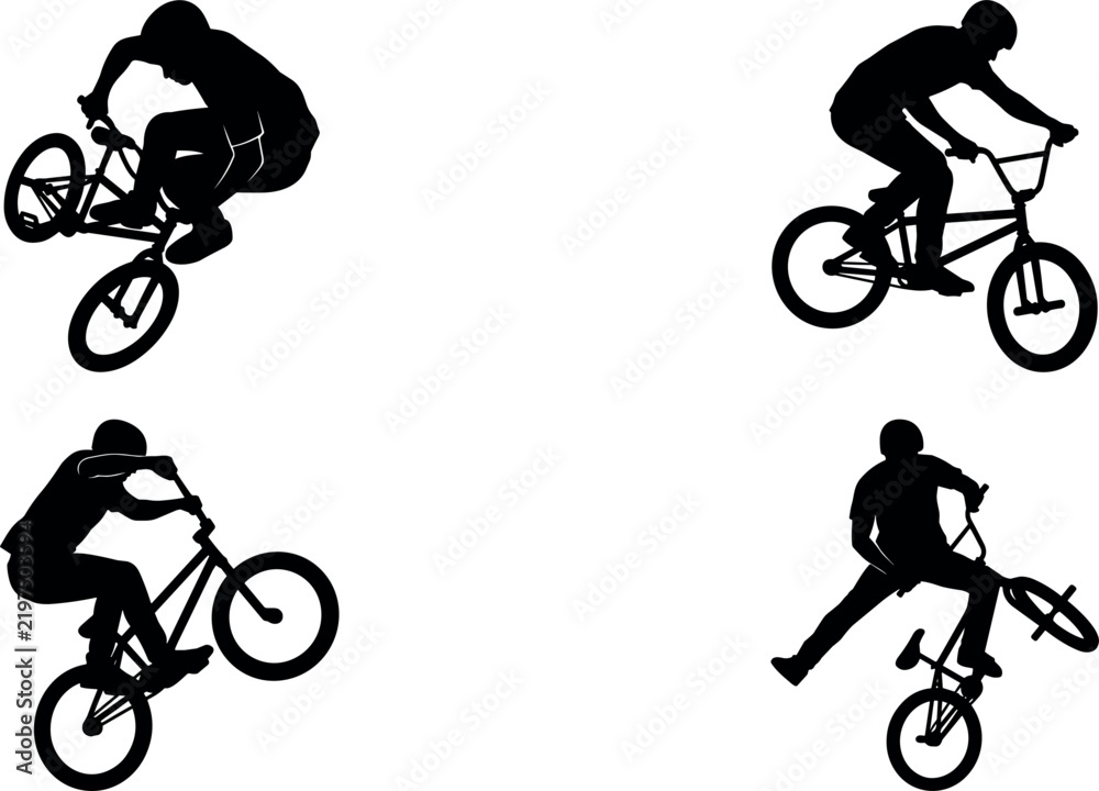 Fototapeta premium Set of silhouettes of a bmx rider performing various tricks