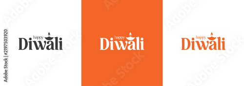 happy Diwali greeting with decorative cursive text, flame accent, and traditional diya illustration celebrating the festival of lights