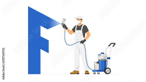 Foto Illustration of painter spray coating large blue letter with airless spray equip