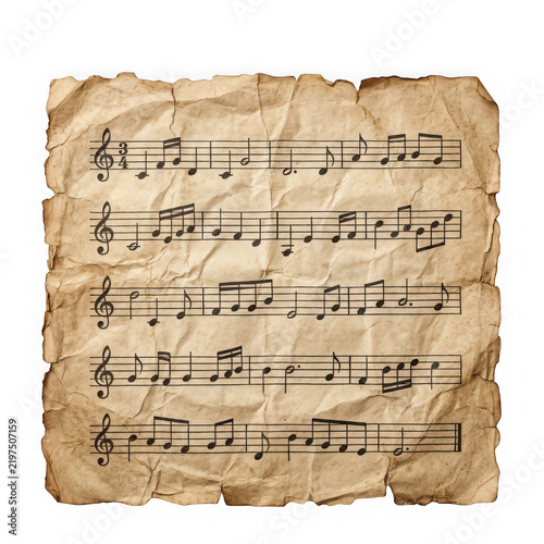 Vintage sheet music paper with musical notes isolated on transparent background