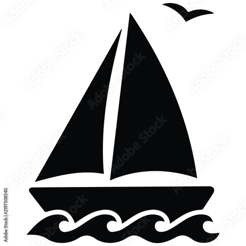 Minimalist black sailboat vector icon with flying bird and ocean waves for marine logos.