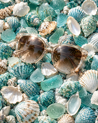 Luxury sunglasses on seashells and turquoise sea glass summer background