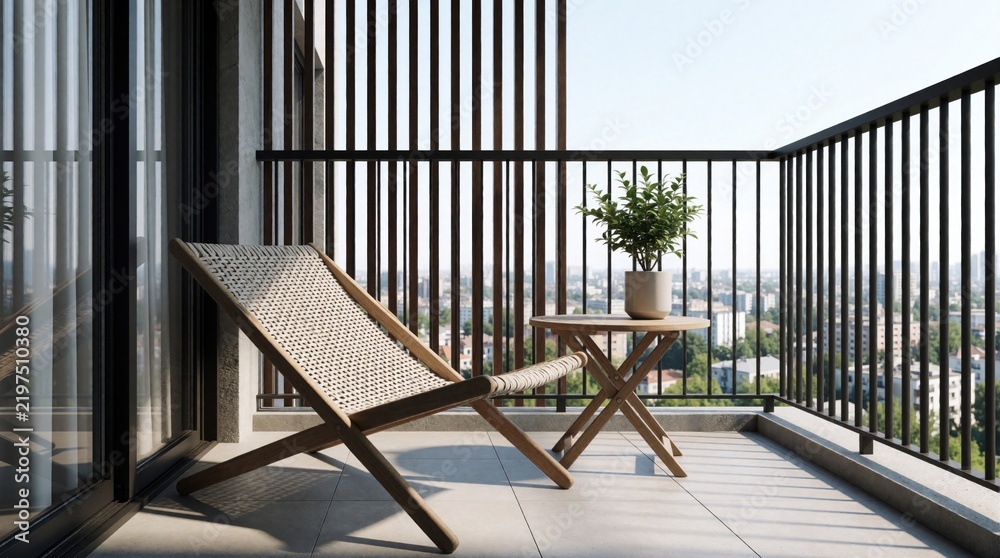 Fototapeta premium Modern balcony with wooden lounge chair, small round table. Green potted plant sits on terrace near metal railing. Bright urban city landscape view from high rise apartment. Minimalist outdoor