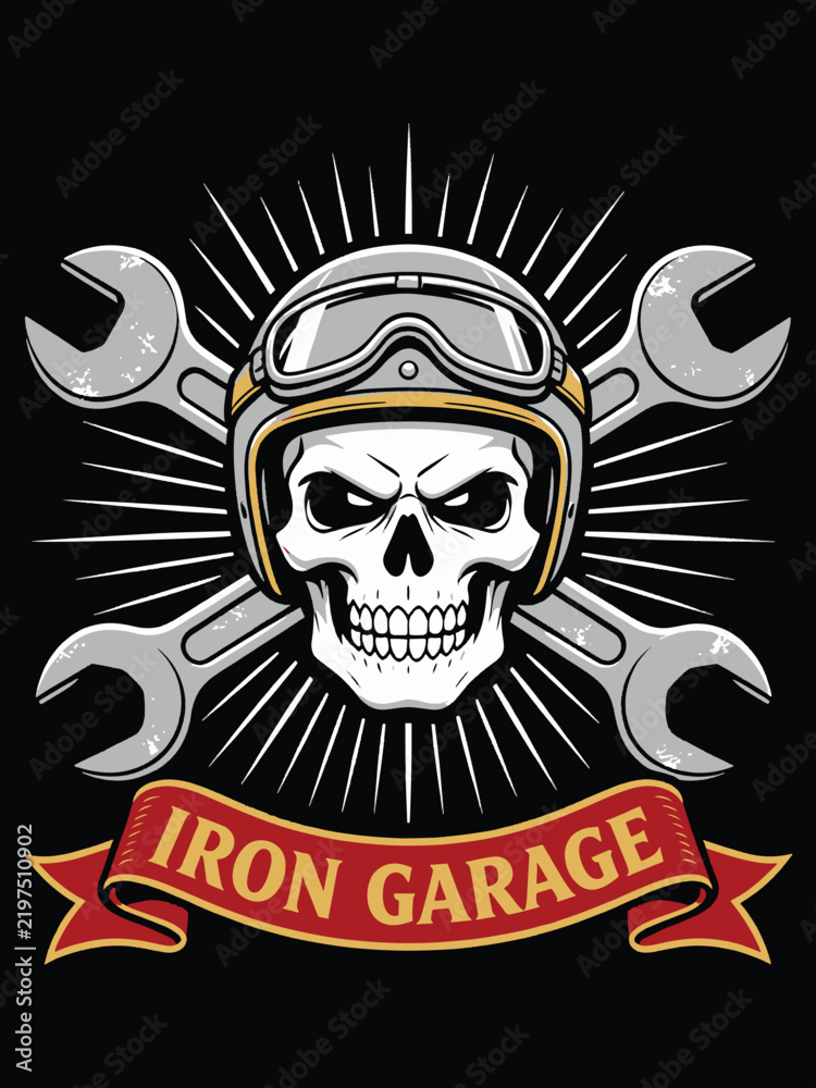 Fototapeta premium Biker skull wearing helmet with goggles and crossed wrenches on iron garage banner, Vector Transparent Background illustration