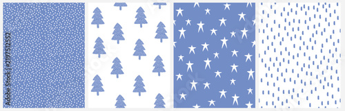 Blue and White Hand Drawn Seamless Vector Patterns With Christmas Trees, Stars, Dots and Spots. Perfect holiday background textures for Scandinavian winter textiles, xmas wrapping paper.