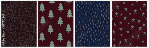 Childish Style Hand Drawn Seamless Vector Patterns With Christmas Trees, Stars, Dots and Spots. Perfect holiday background textures for Scandinavian winter textiles, xmas wrapping paper.