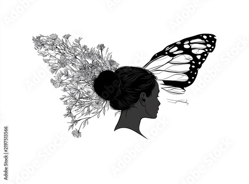 Silhouette of Woman with Butterfly Wings as Hair Artistic Concept