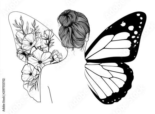 Silhouette of a woman with butterfly wings and floral elements