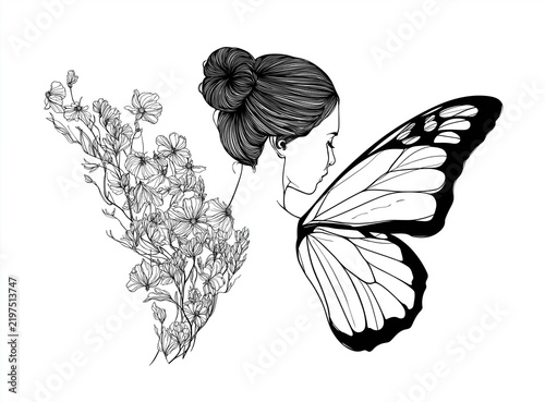 Elegant Butterfly with Floral and Leaf Elements in Black and White