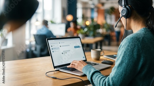 Professional customer support agent wearing headset working on laptop in modern office with call center laptop computer office worker remote work technical support communication