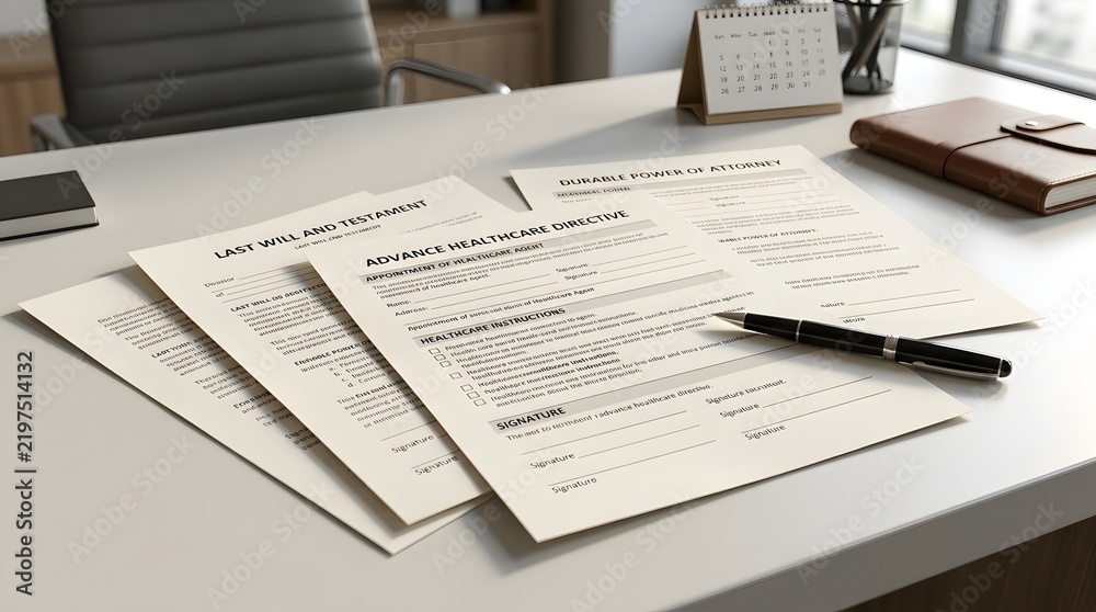 Fototapeta premium Estate Planning Documents with Healthcare Directive and Pen on Professional Office Desk for Legal and Medical Planning
