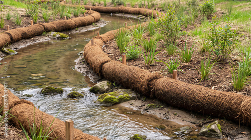Restoration project featuring coconut coir geotextile logs along a river to prevent soil erosion and support local plant growth