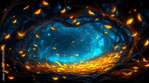 Magical enchanted forest background with glowing golden leaves and sparkling stardust for fantasy concept