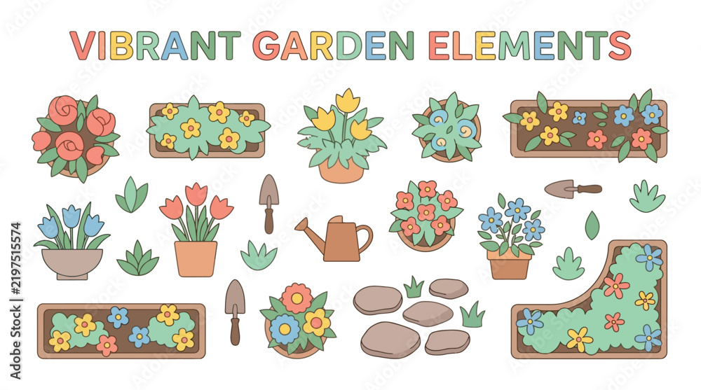 Poster Floral ornament collection with potted plants and gardening tools vector illustr – Wandbild