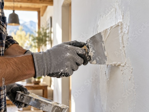 Trabajador aplica yeso en una pared en una casa con vista a las montañas
