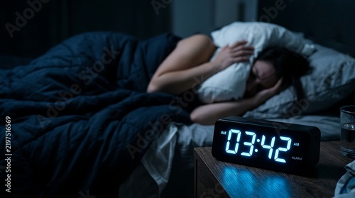 Stressed woman with insomnia covering ears in dark bedroom