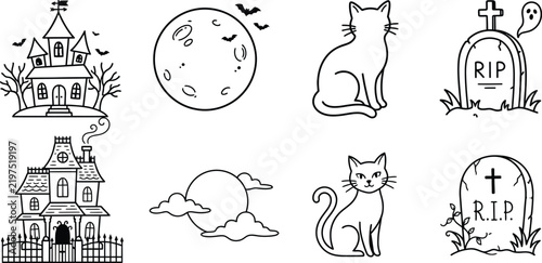 PrinVector line icon set of spooky haunted mansion full moon bats black cat RIP tombstone grave ghost dashboard widgets UI design templates symbols.t