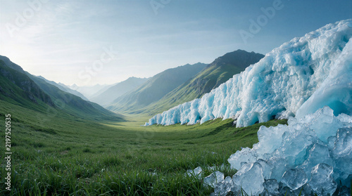 Glacial valley landscape featuring a melting jagged blue ice serac field terminating abruptly in green grass