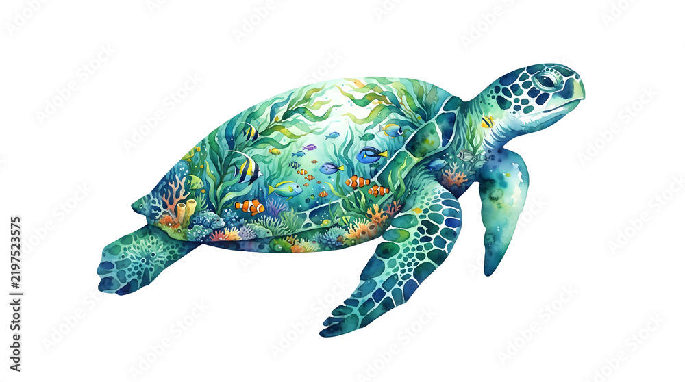 Fototapeta premium Watercolor sea turtle with a vibrant coral reef and tropical fish inside its shell isolated on white isolated on transparent background