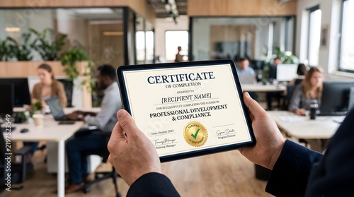 Person holding tablet displaying digital certificate of completion