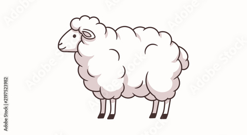 Vector illustration of a cute, fluffy white sheep standing in profile. Farm animal clipart for agriculture, nature, and pastoral themes. Clean lines and soft colors on a white background.