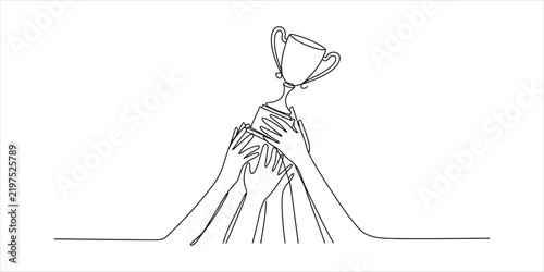 Many hands holding a golden trophy cup in a continuous single line drawing style