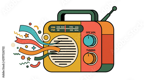 Retro Vintage Style Portable Radio Illustration with Playful Colorful Party Elements and Festive Decorative Shapes for Media Design