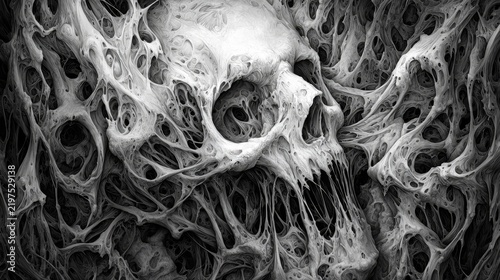 Intricate surreal skull artwork embedded in organic webbing structure for horror concept
