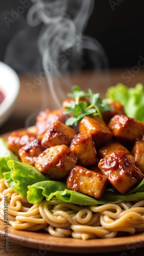 Hot Teriyaki Chicken with Lettuce and Noodles