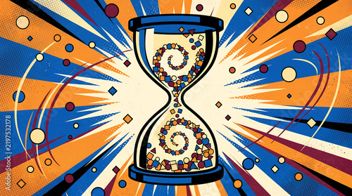 Dynamic Pop Art Illustration of an Hourglass with Colorful Cosmic Swirls and Radial Background