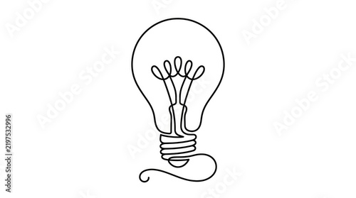 Minimalist continuous line drawing of a lightbulb representing a creative idea on white background