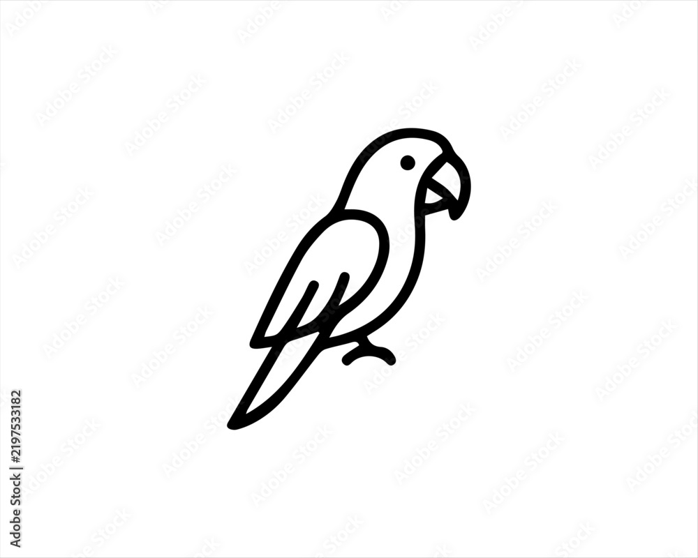 Obraz premium Minimalist parrot line icon vector, tropical bird outline symbol, simple exotic macaw silhouette for logo design and branding