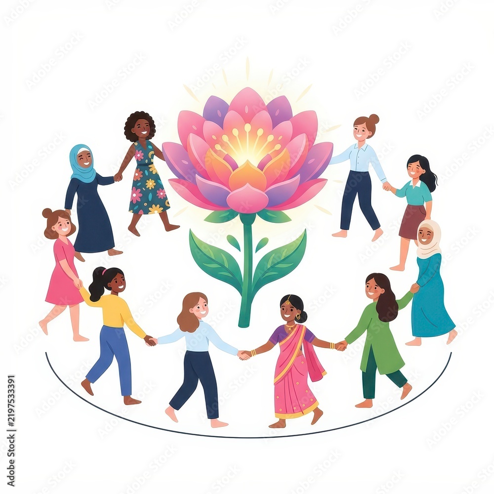 Fototapeta premium Diverse women holding hands around giant glowing flower