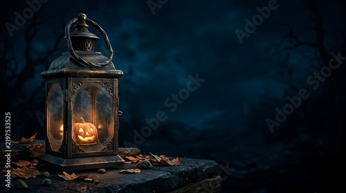 A glowing vintage lantern sitting on a dark wooden surface creating a spooky atmosphere for halloween night celebrations