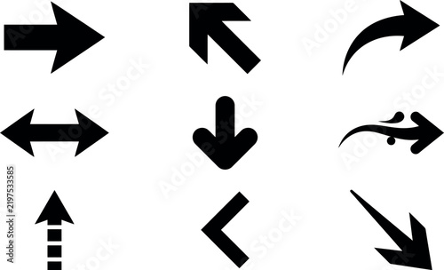 Black arrow icon vector illustration set with various directions shapes for navigation signs.