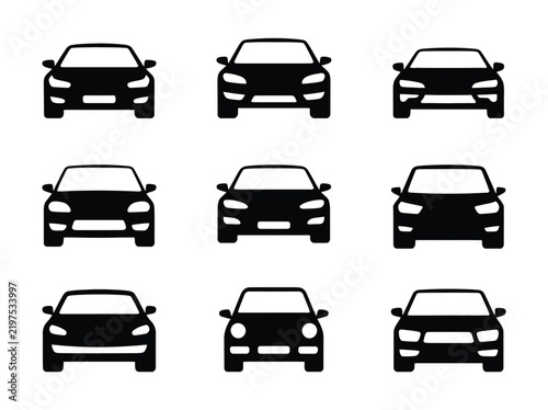 Diverse front view black car icons collection vector illustration