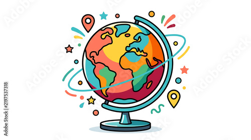 Colorful Stylized Earth Globe Illustration with Navigation Elements and Decorative Accents for Global Travel and Educational Concepts