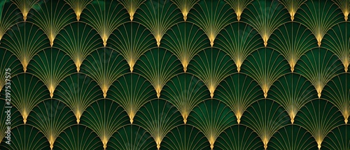 Emerald Green and Gold Art Deco Fan Seamless Pattern