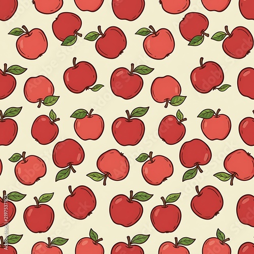 Vibrant red apples with green leaves pattern.