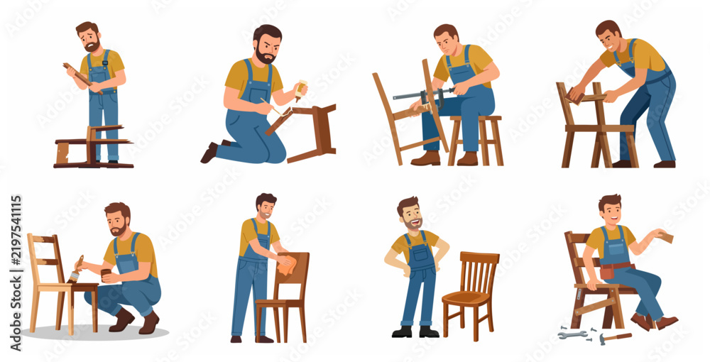Fototapeta premium Set of male carpenter illustrations restoring an old wooden chair, handyman repairing, sanding, and painting furniture for DIY home improvement projects